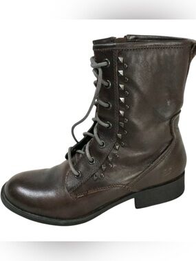 Skechers Vintage Combat Brown Leather Studded Boots  Zip Flannel Lined Sz 7